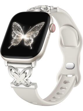 Silver Smartwatch with White Silicone Band and Decorative Butterfly Accent